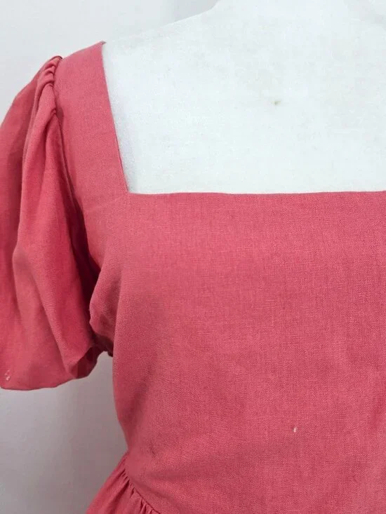 NWT ZARA Salmon Pink Square Neck Linen Puff Sleeve Bow Tie Back Mini Dress XL - Picture 8 of 11